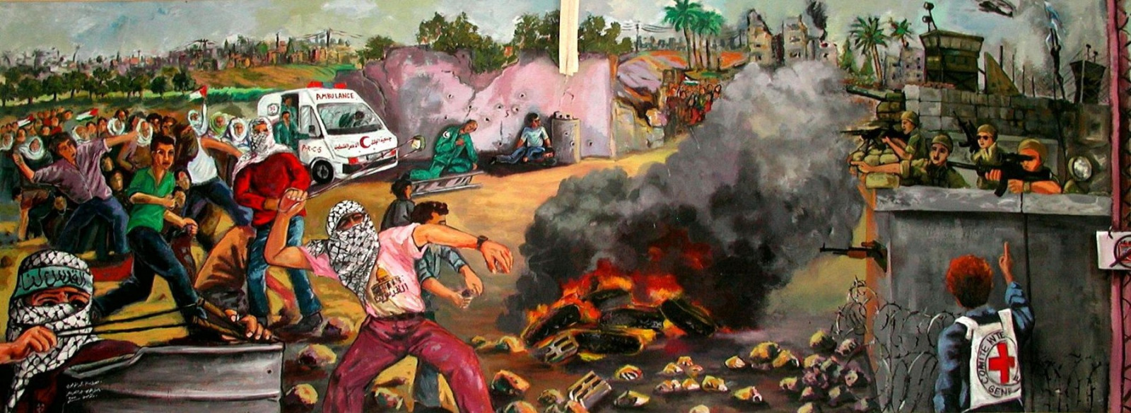 Gaza - ein gigantisches Wandgemälde ziert die Wand des Empfangs im Shiva-KrankenhausWandgemaelde-3